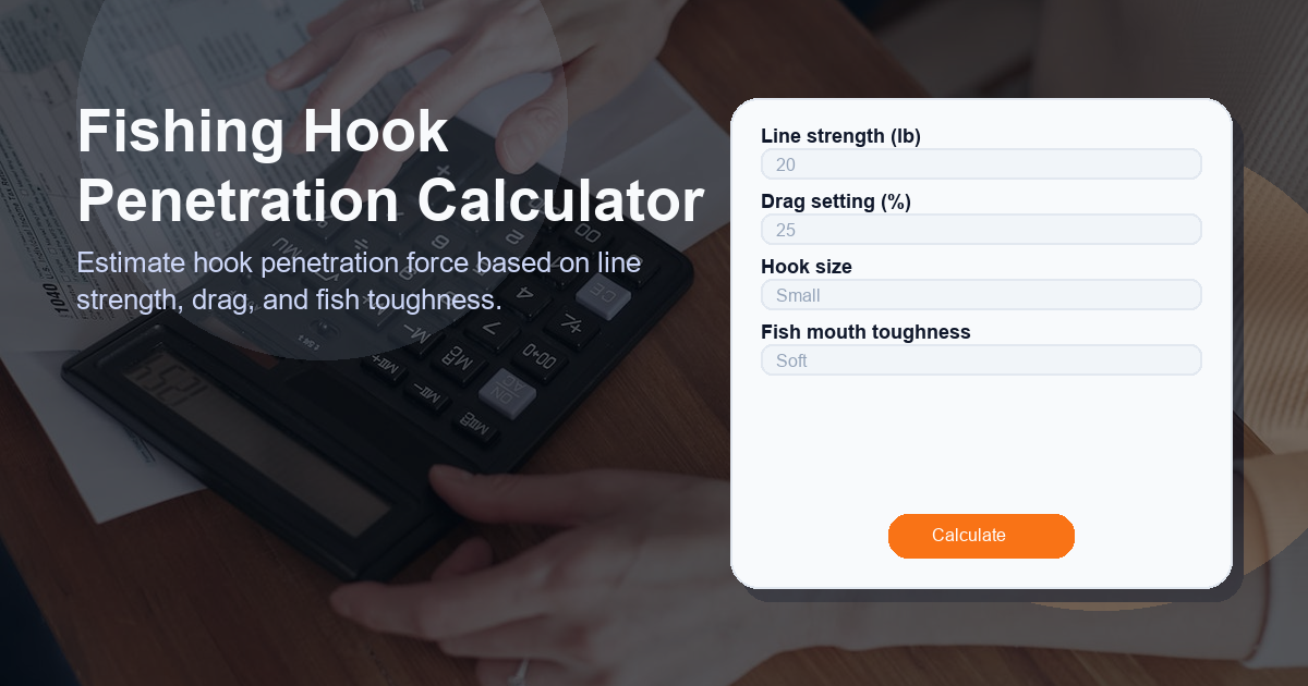 Estimate hook penetration force based on line strength, drag, and fish toughness.